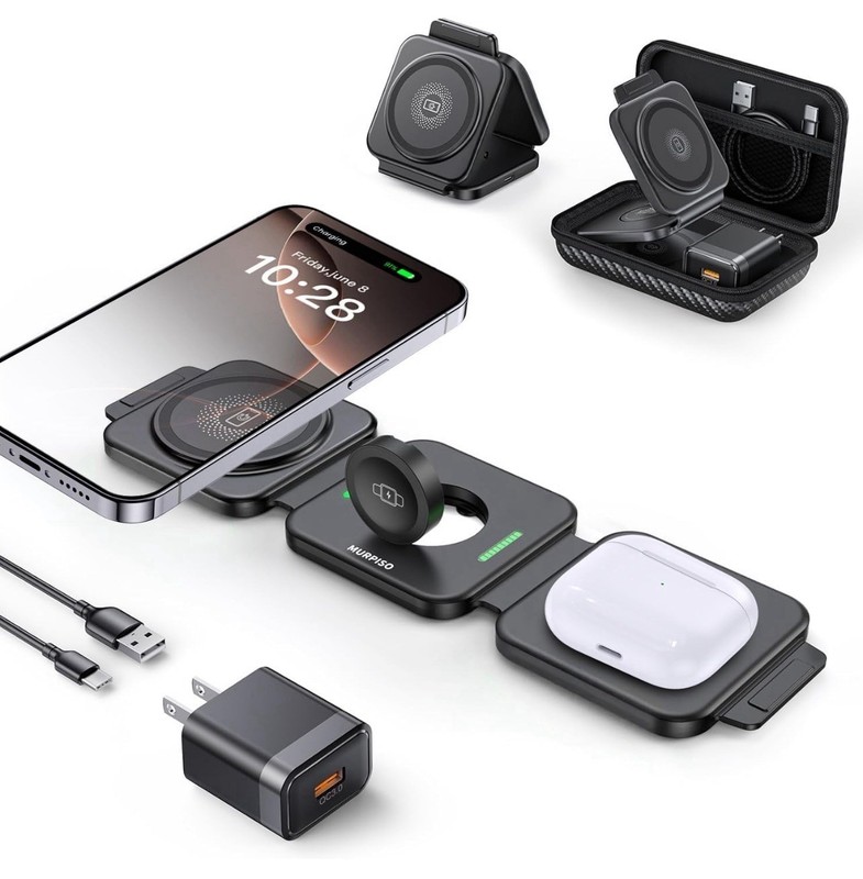 3 in 1 Charging Station for Apple, Foldable Travel Wireless Charger for iPhone