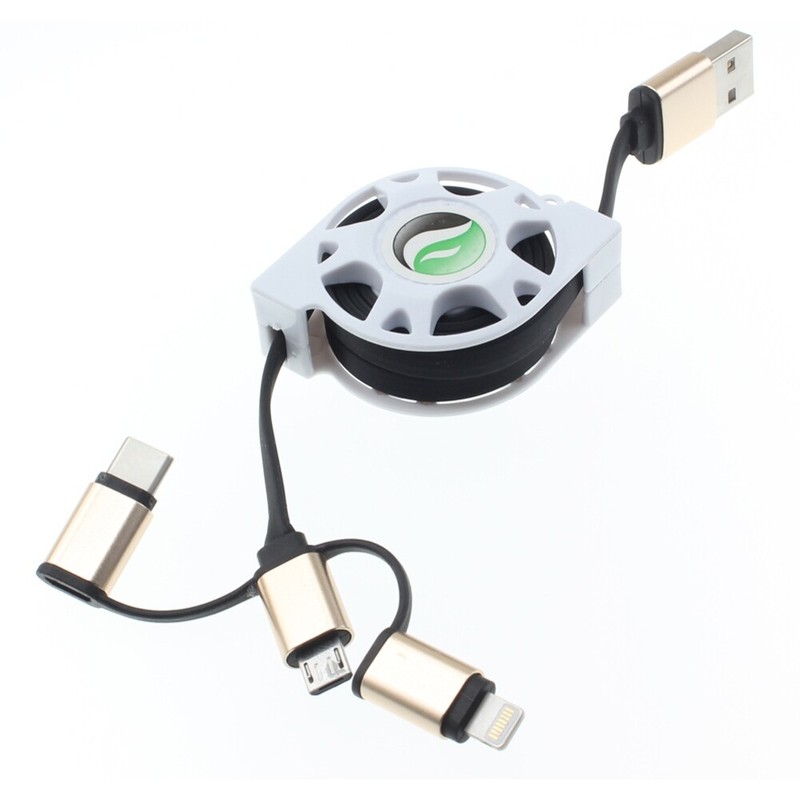 Retractable USB Cable Charger Power Cord 3-in-1 Wire Sync for Cell Phones