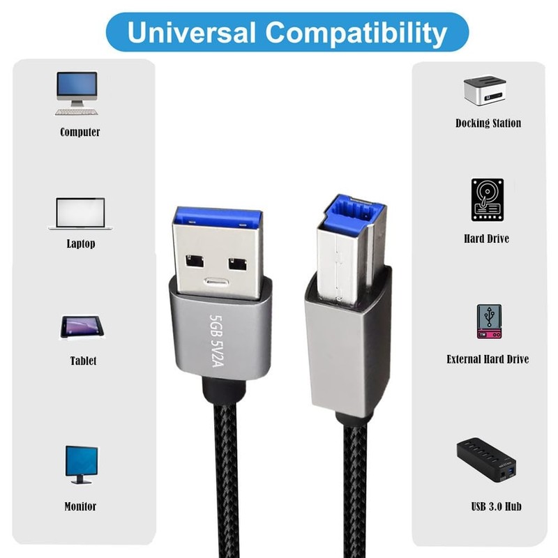 USB A to USB B 3.0 Cable 1ft Nylon Braided for Printer Scanner Hard Drive gallery