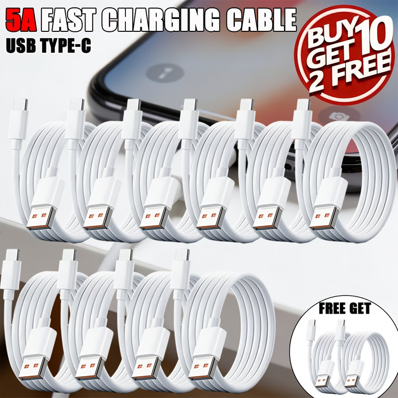 12x USB Type-C Fast Charging Cable 5A Bulk Lot (Buy 10 Get 2 Free) 3.3ft Cord