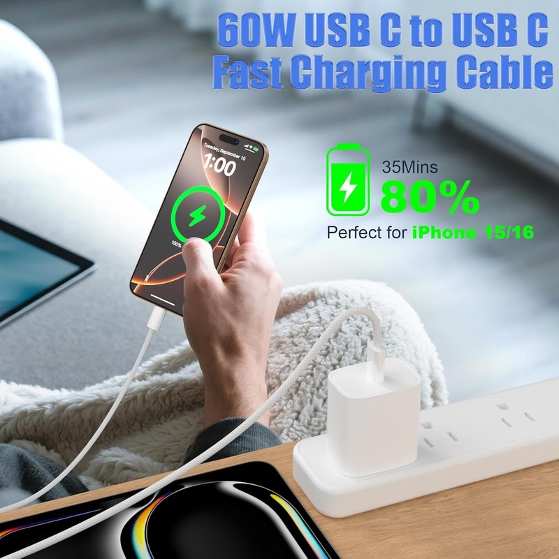 Type USB C To USB C PD Fast Charger 60W Braided Cable For iPhoneAir 15 16 17 Lot gallery