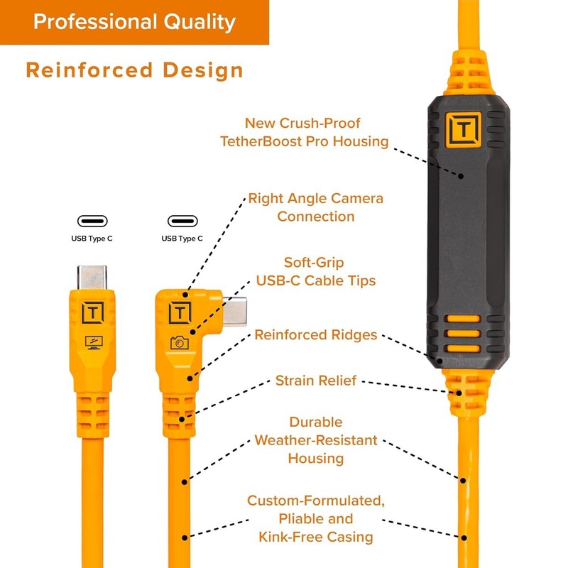 TetherPro Optima 15' USB-C Cable - 10Gbps Data Transfer, High-Visibility Orange gallery