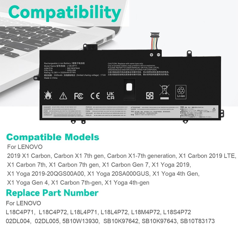 Replacement Battery for ThinkPad X1 Carbon 7th 8th Gen Yoga 4th 5th L18C4P71 gallery