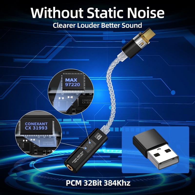 USB C to 3.5mm DAC Adapter, Hi-Res Audio Dongle, Dual Chip, Portable Decoding Am gallery