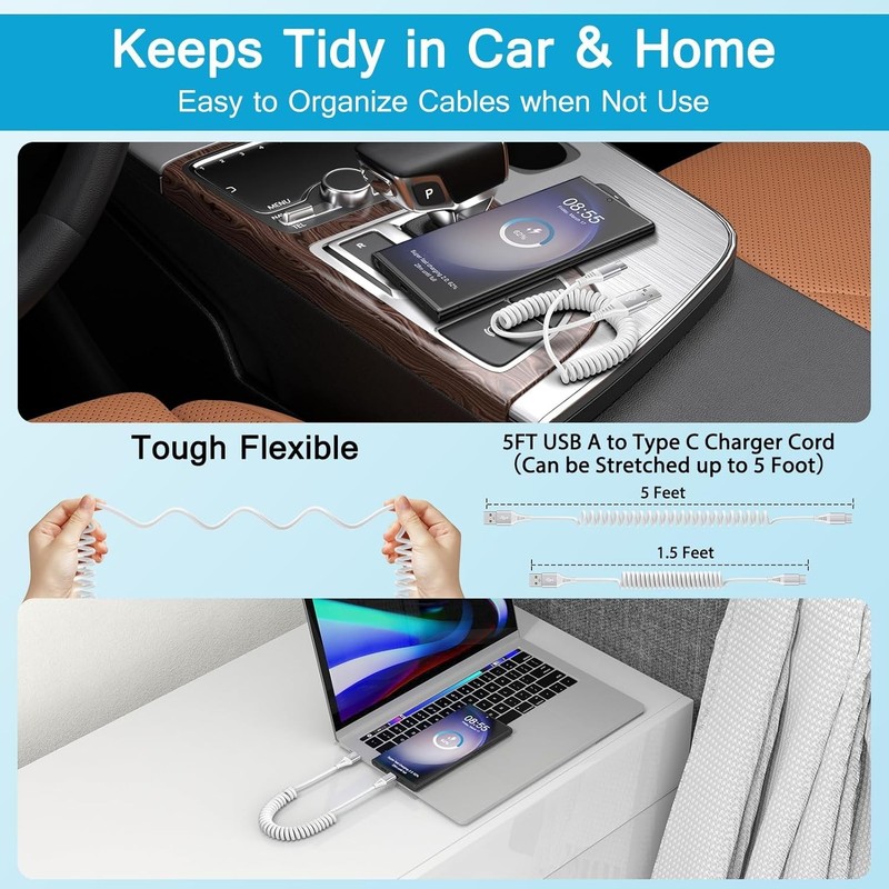 Coiled USB C Car Charger Cable - 3FT Fast Charging for Android & iPhone gallery