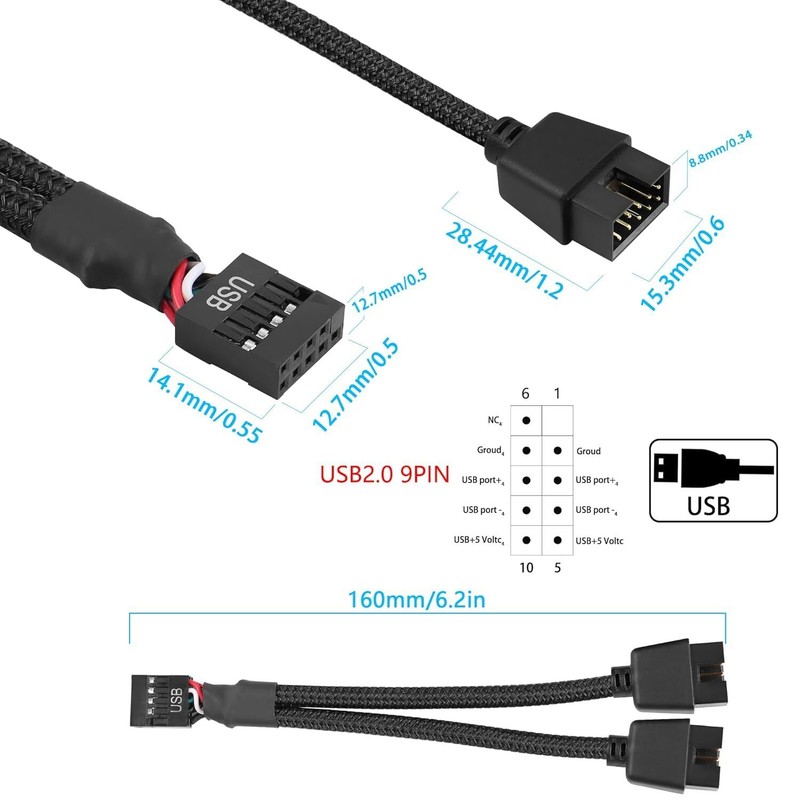 USB 2.0 9Pin Female to Dual Male Extension Cable Motherboard Header Splitter ... gallery
