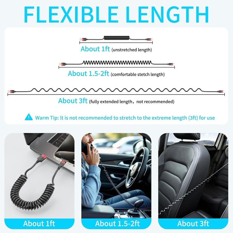 Coiled USB C Cable for Car, 2 Pack Type C Charger Cord Fast Charging for iPhone gallery