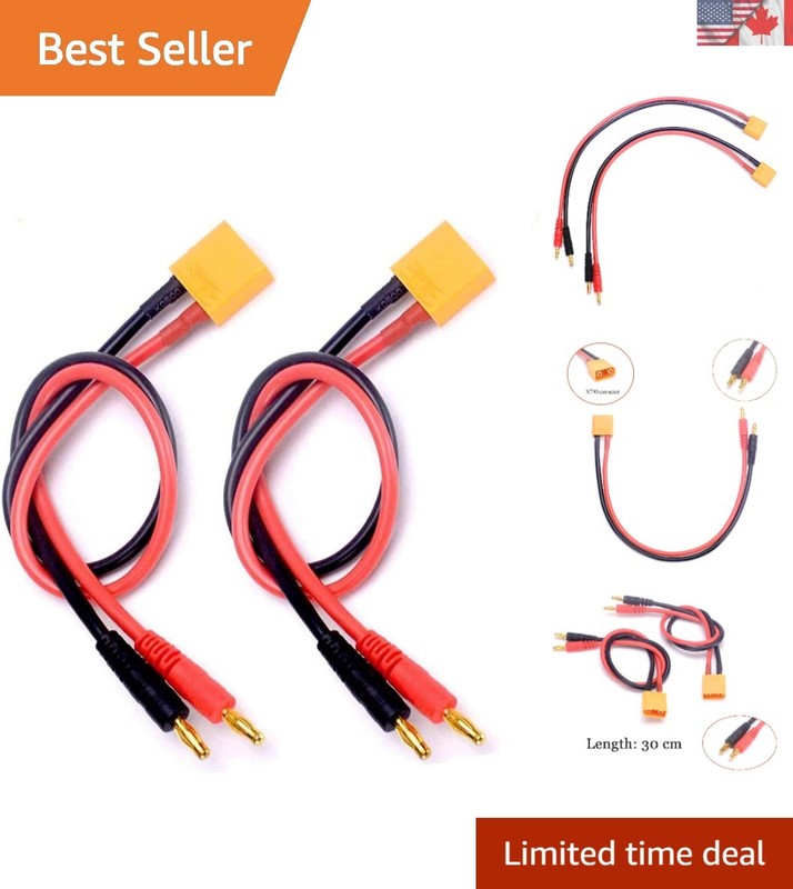 2 Pack 30cm XT90 to 4.0mm Banana Charging Cables – Reliable Lipo Power Leads