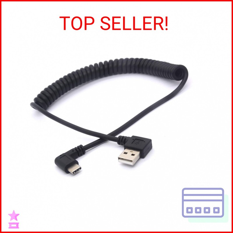 GLHONG Coiled USB C Cable, Right Angle USB 2.0 to USB C Extension Cord 90 Degree