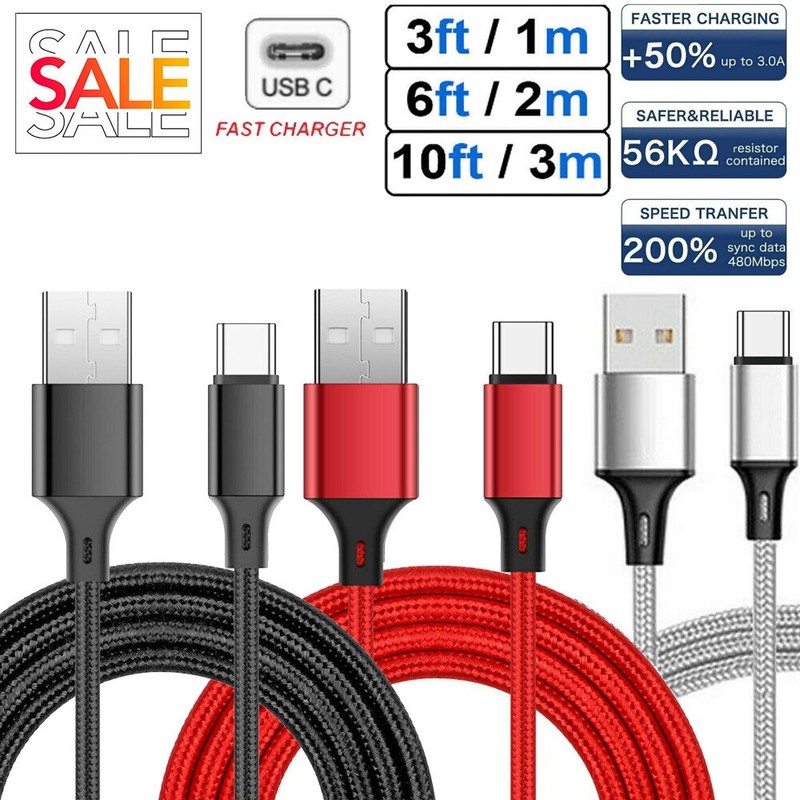 2pc 3/6/10FT Fast Charger Type C USB-C Cable Cord For Samsung Android LG Charger