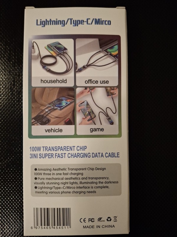 100W 3 in 1 Super Charging Cable 6A Micro USB Type C Fast Charger Type-C Cable D gallery