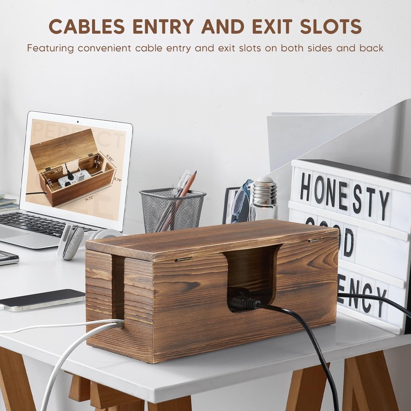 Large Cable Management Box - Burnt Wood Organizer and Power Brown gallery