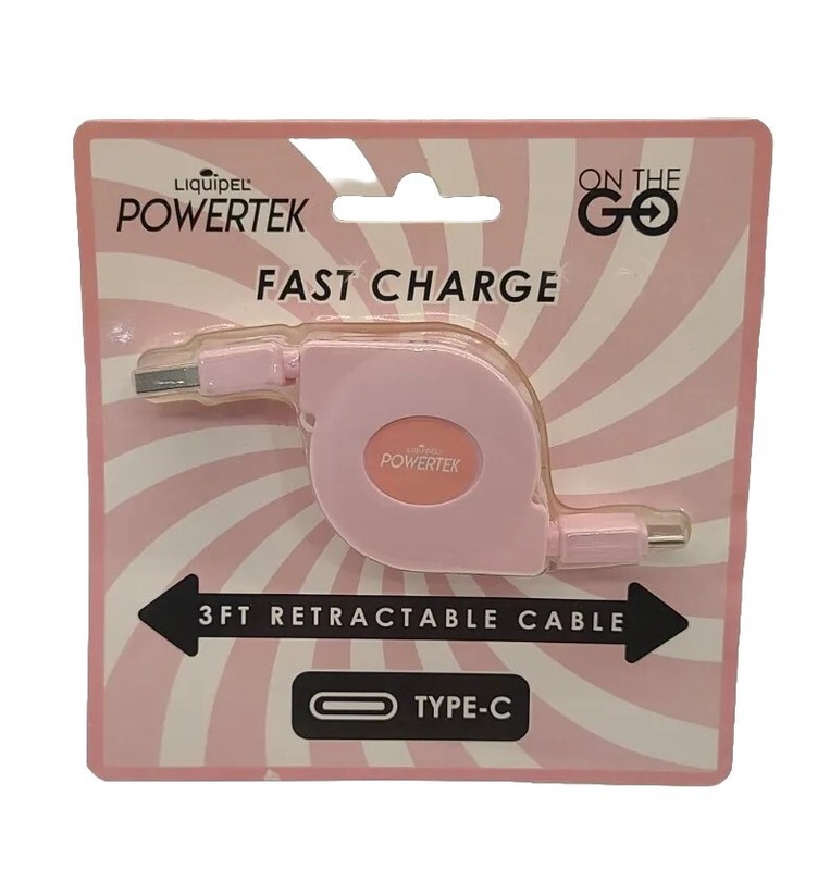 Pink Liquipel Powertek Fast Charge 3 Ft Retractable USB Type-C Cord New!