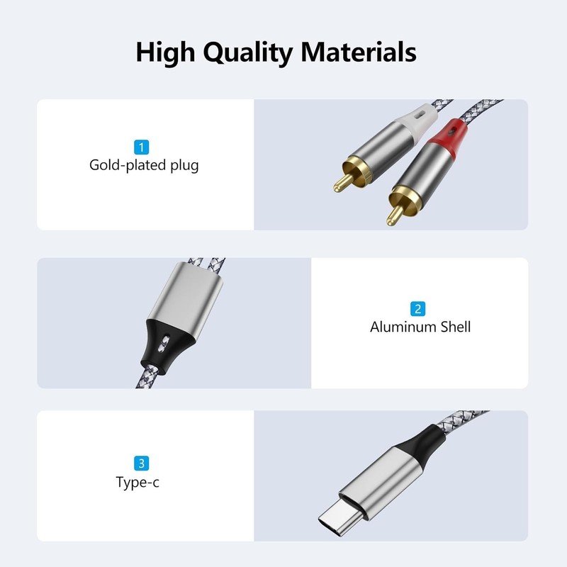 Durable 1m Braided USB-C to 2 RCA Audio Cable for Superior Sound Experience gallery