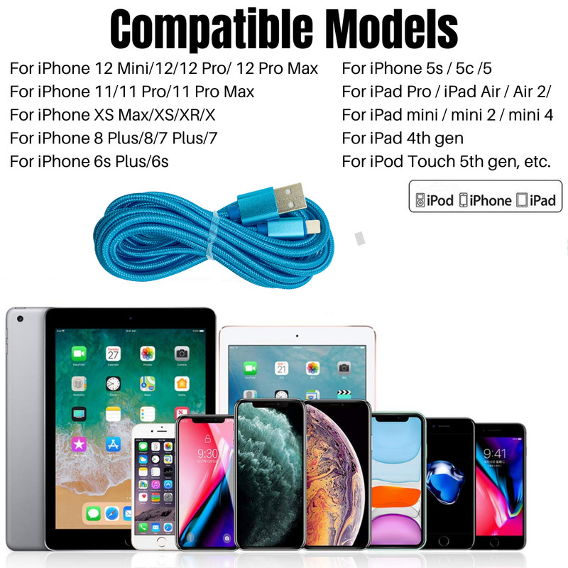 3Pack 10FT USB Charging Cable Charger Cord for iPhone 13 12 11 XR 7 6 iPad iPod gallery