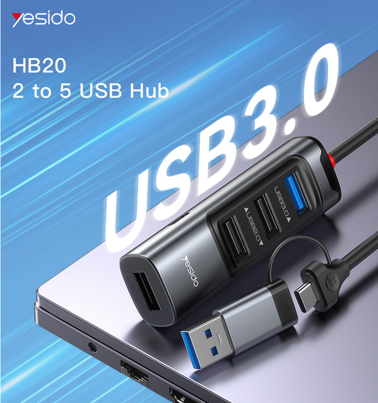 Yesido HB20 5-in-2 USB Hub Type-C & USB to 4 USB Ports+100W PD USB 3.0+2.0 Black gallery