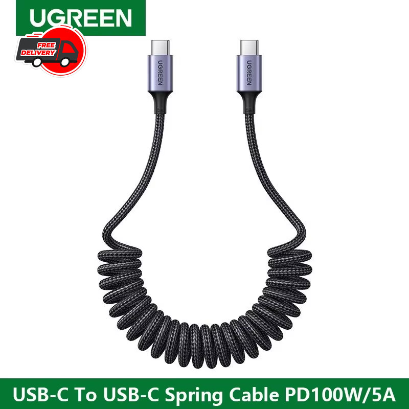 UGREEN 100W USB-C Car Cable Coiled Spring Type-C PD Fast Charging Data Sync