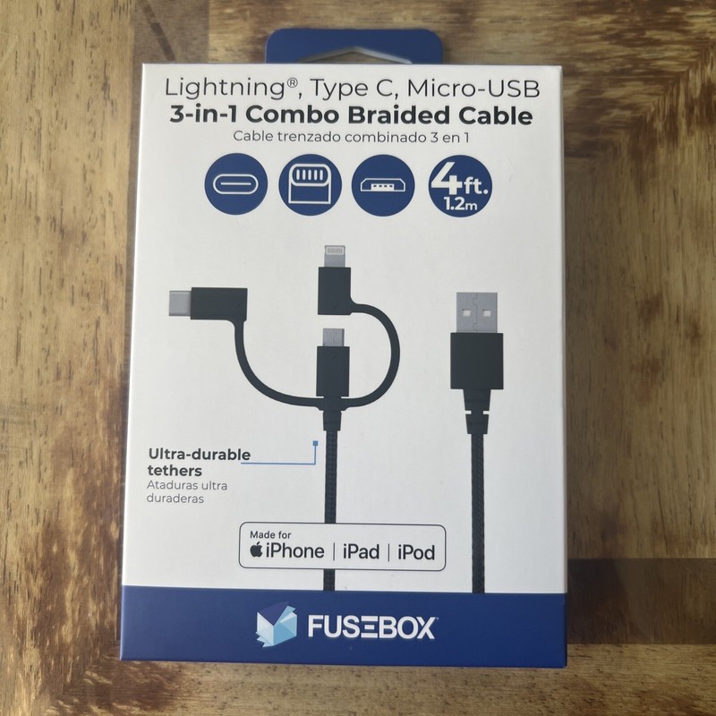 3 in 1 Black Braided charging & Sync cable 4FT Cable Length NEW