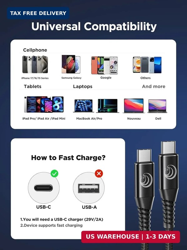 10FT USBC to USBC Cable 100W Fast Charging, Nylon Braided USB C to USB C Charger gallery