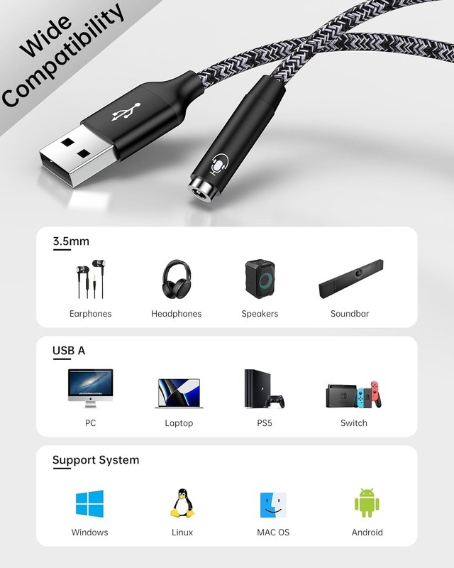 Durable USB-A to AUX Adapter with High Definition Audio - For Gaming and Music gallery