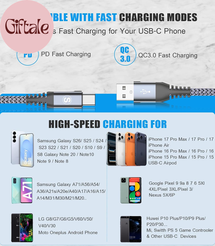 USB Type C Charger Cable [3-Pack,10Ft+6.6Ft+3.3Ft] Iphone 15 Charger Nylon Braid gallery
