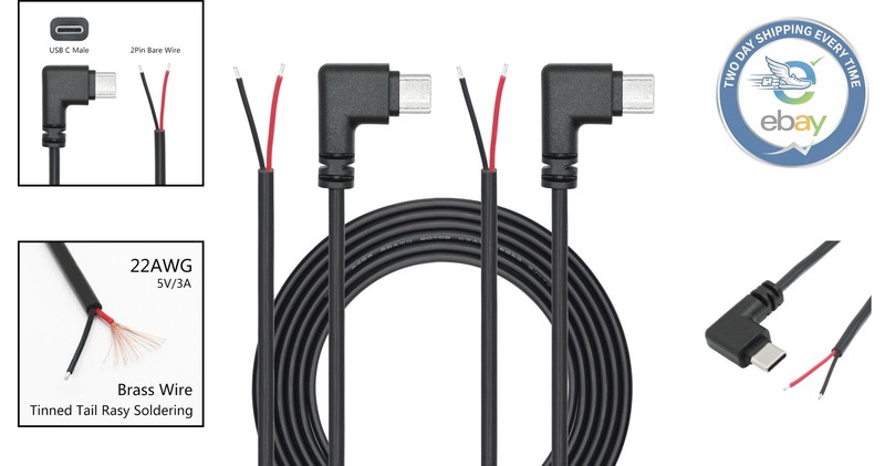 Braided 2M USB C to 2 Pin Open End Wire - 90 Degree Connector for DIY Projects gallery