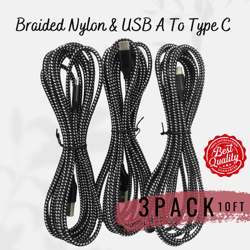3X Braided USB C Fast Charging 10FT Long Type-C Data SYNC Charger Cable Cord Lot