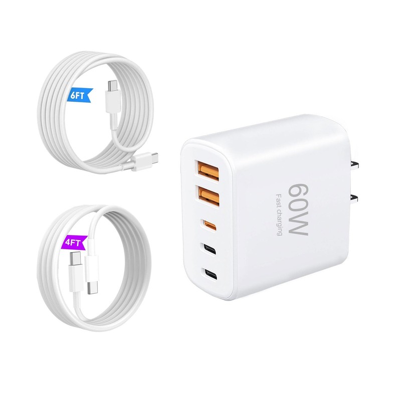 5 Port USB C Wall Charger Fast Charging Block with 4ft Power Cord Adapter