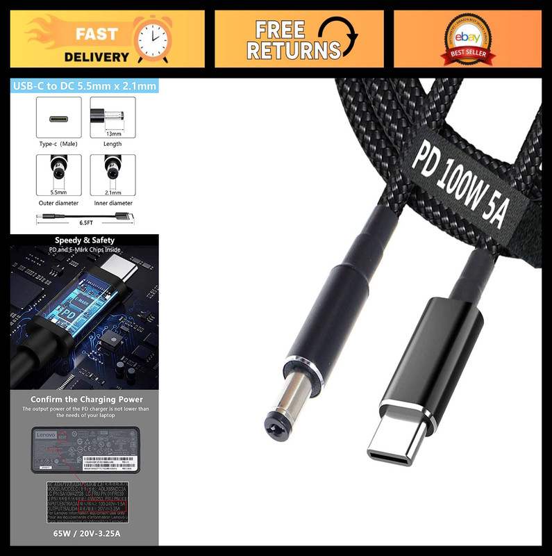 USB C to 5.5mm Laptop Charger Adapter – 6.5ft Fast 100W PD Power Cable Converter