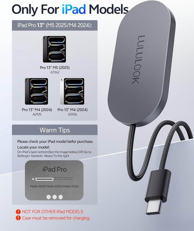 Magnetic Wireless Charger Cord for iPad Pro 13" M5 / M4 ONLY, 35W Aluminum Al. gallery