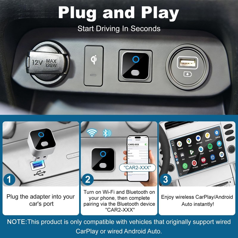 Wireless CarPlay & Android Auto Adapter, One-Click Switch Mini Size WiFi 6 & ... gallery