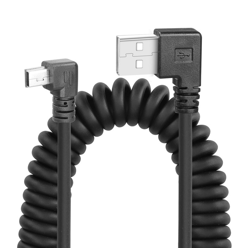 Coiled Mini USB Cable 90 Degree, USB Type a to Mini B Male Data Sync & Charge Sp