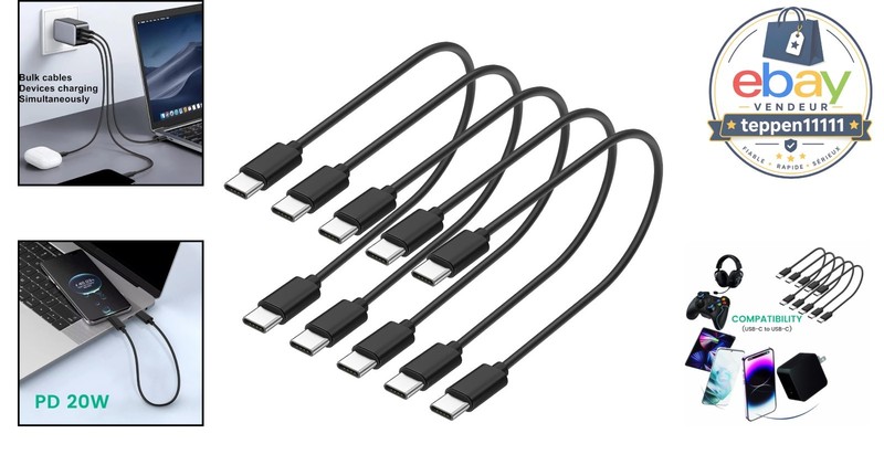 USB C to C Charger Cable 5-Pack 1ft Short Black Fast Charge 60W gallery