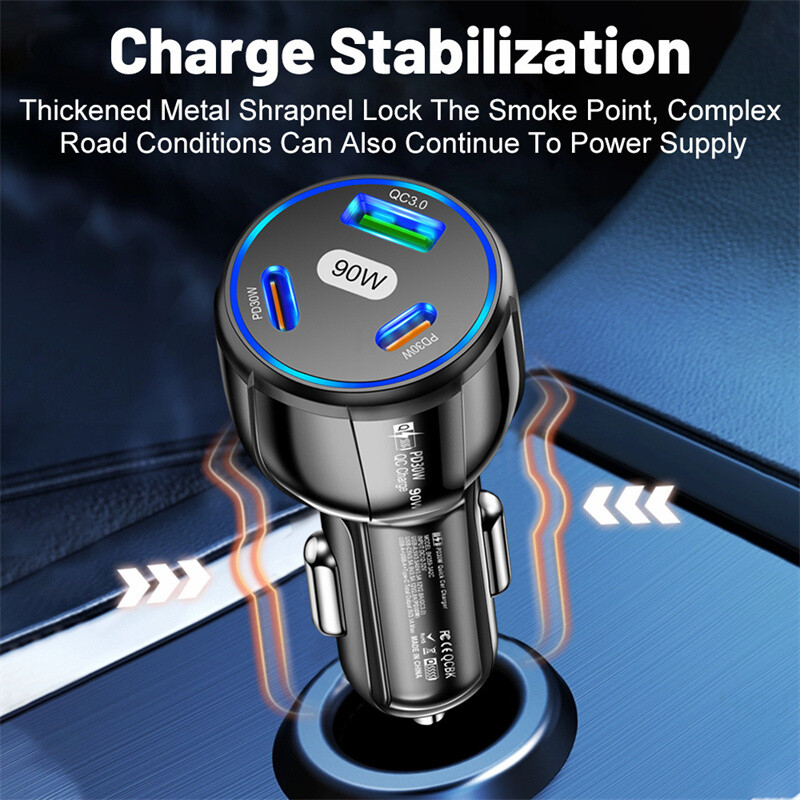 90W LED PD Fast Car Charger 3 Ports Adapter For Samsung iPhone Android Phone gallery