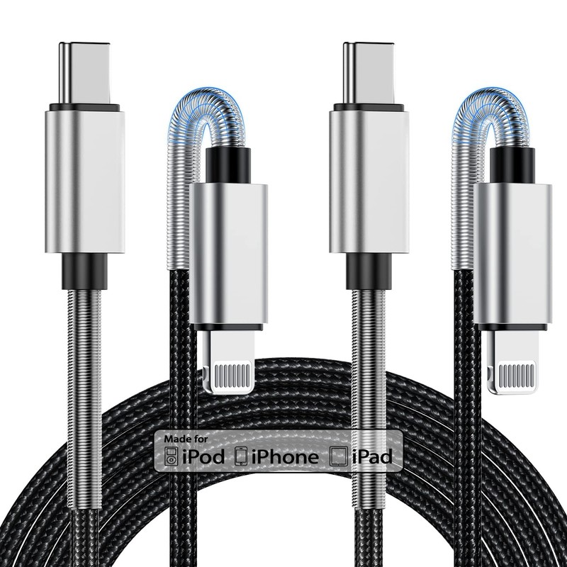 2-Pack Fast Charger Cable Certified Power Cord Data Sync Silver Black 10 Ft