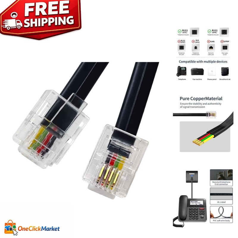 Flat 6ft RJ11 Line Cable with Gold-Plated Connectors for Superior Performance