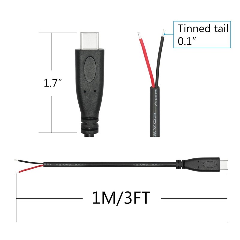 USB C to Bare Wire 2 Pin Power Cable 3FT 20AWG 5 Volt Lead for Laptop Phone, New gallery
