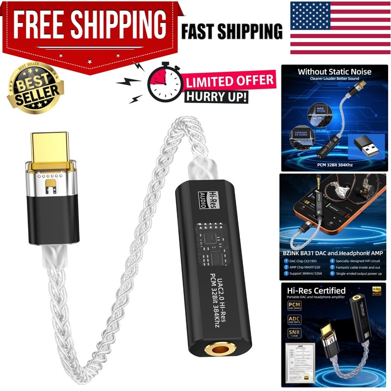 USB C to 3.5mm Hi-Res DAC Adapter – Dual Chip CX31993 for Superior Sound Quality