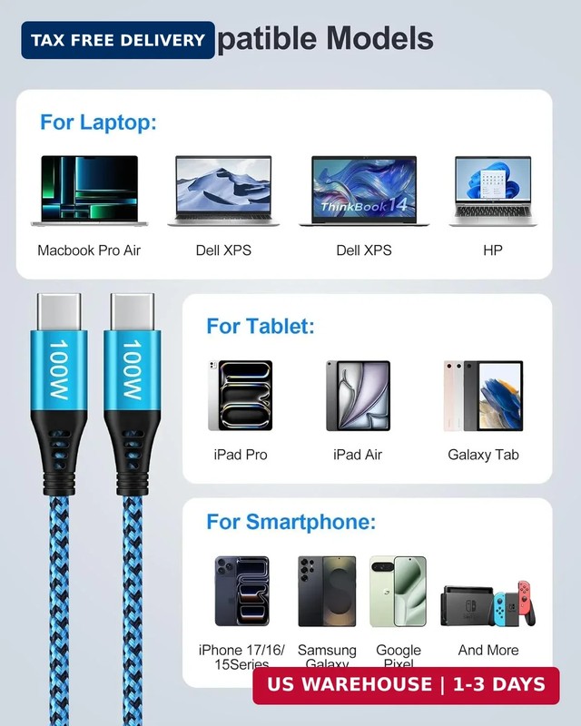 100W USB C Charger Cable, 2Pack/6ft PD 5A Super Fast Charging Type-C Cable | Typ gallery