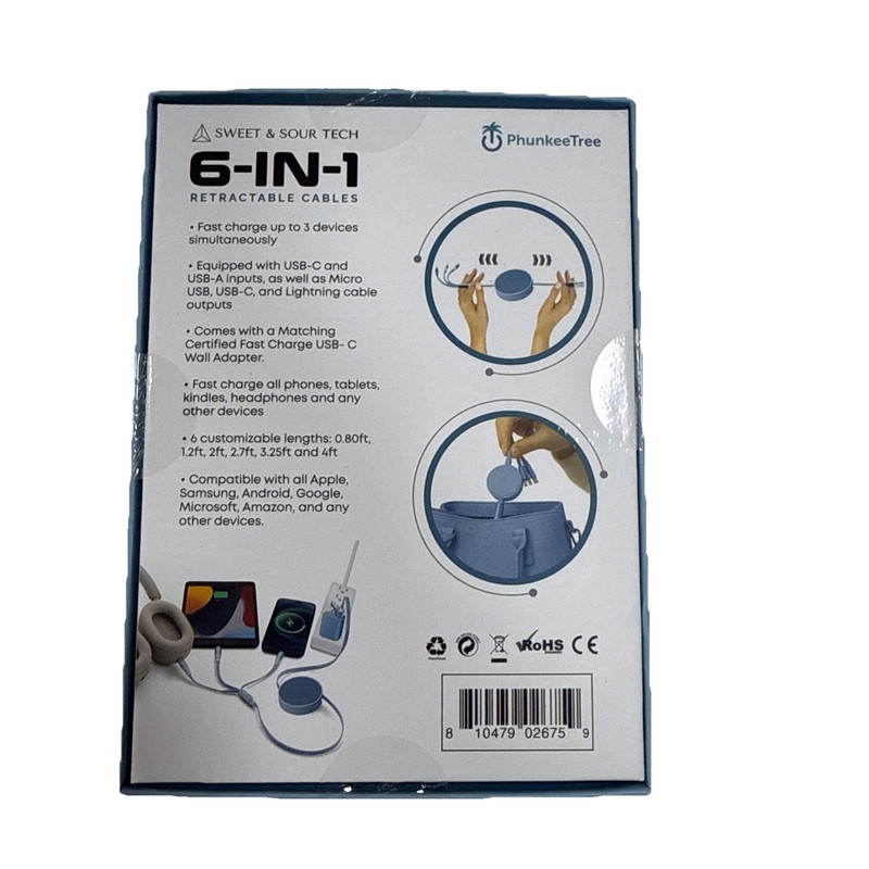 NEW Phunkee Tree 6-In-1 Retractable Cable SWEET SOUR TECH W/ FAST CHARGE ADAPTER gallery