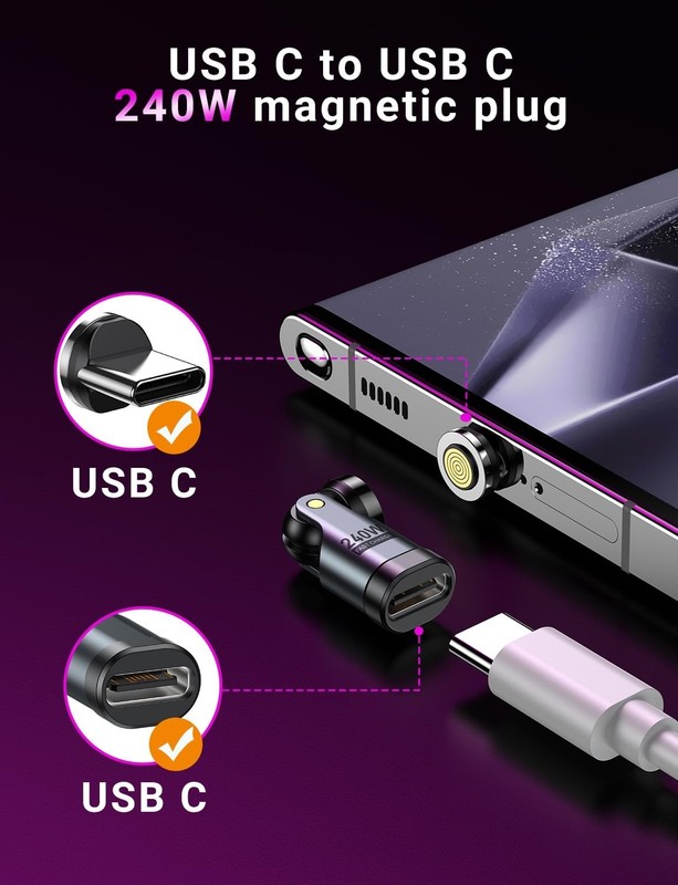 USB C Magnetic Adapter 240W 2-Pack, 90° Right Angle C to C, Fast Charging for Ph gallery