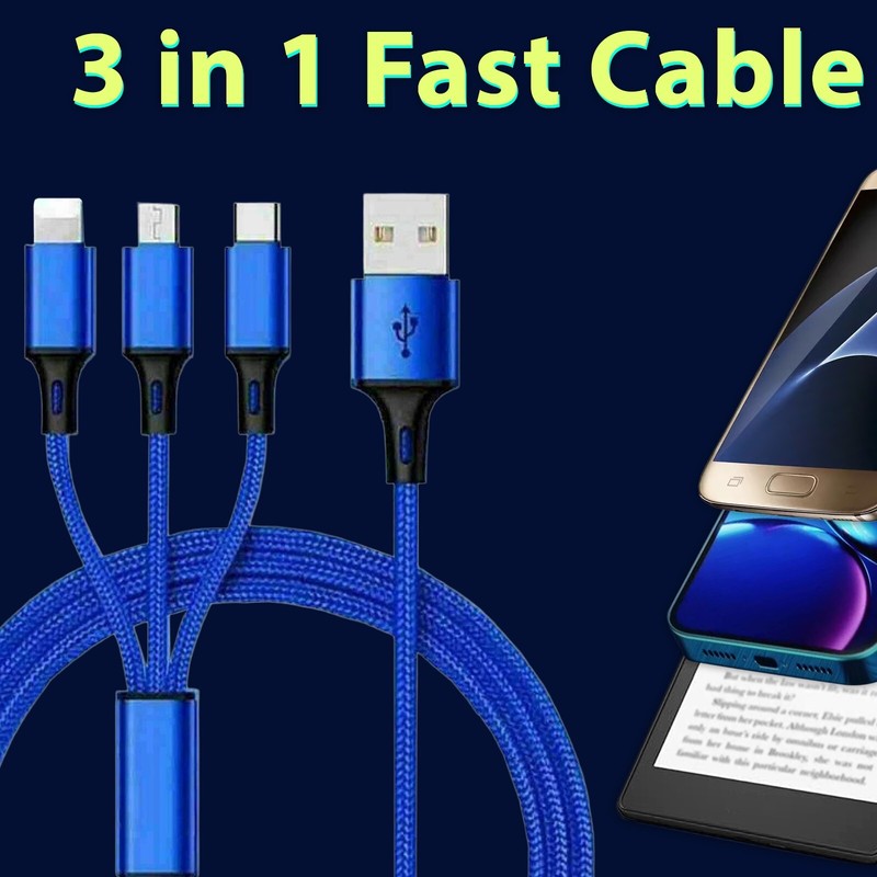 Fast 3in1 Charging Cable, 1.2M Nylon Braided, USB-C Micro-USB/ iPhone/ Android gallery