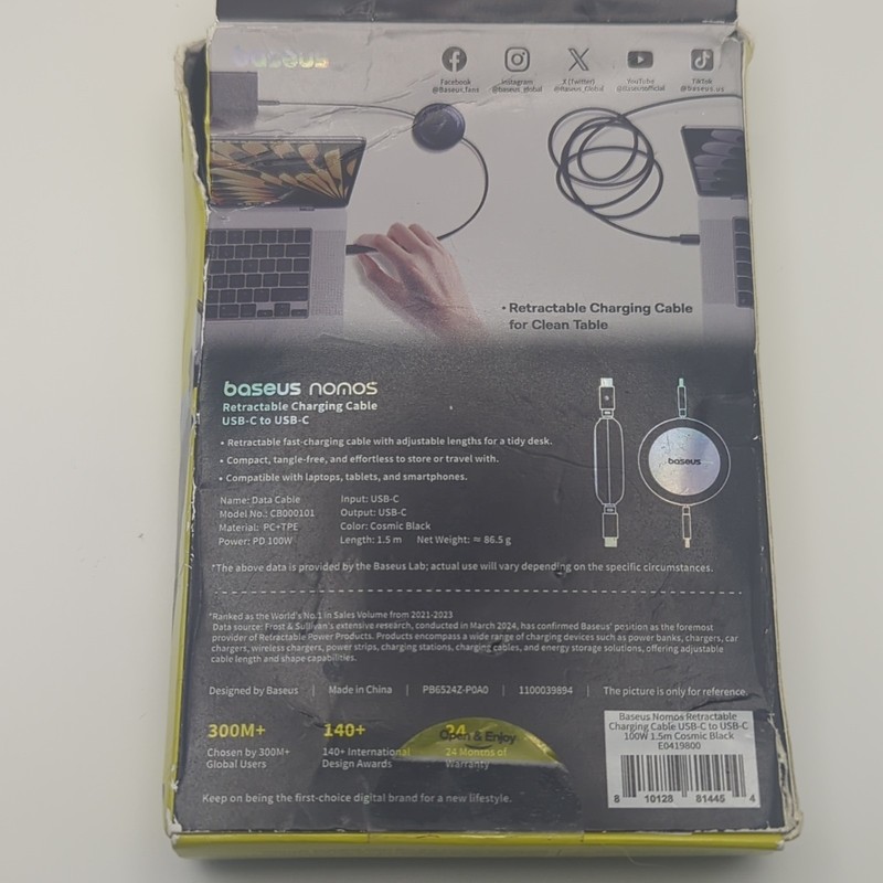 Baseus USB-C to USB-C Retractable PD 100W Fast Charge 1.5m Cosmic Black gallery