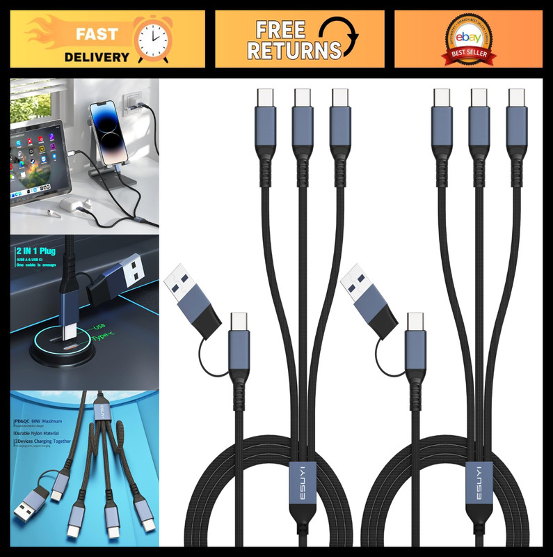 3 in 2 Multi Charging Cable 5FT 60W USB C Splitter Cord, Nylon Braided PD QC Fas