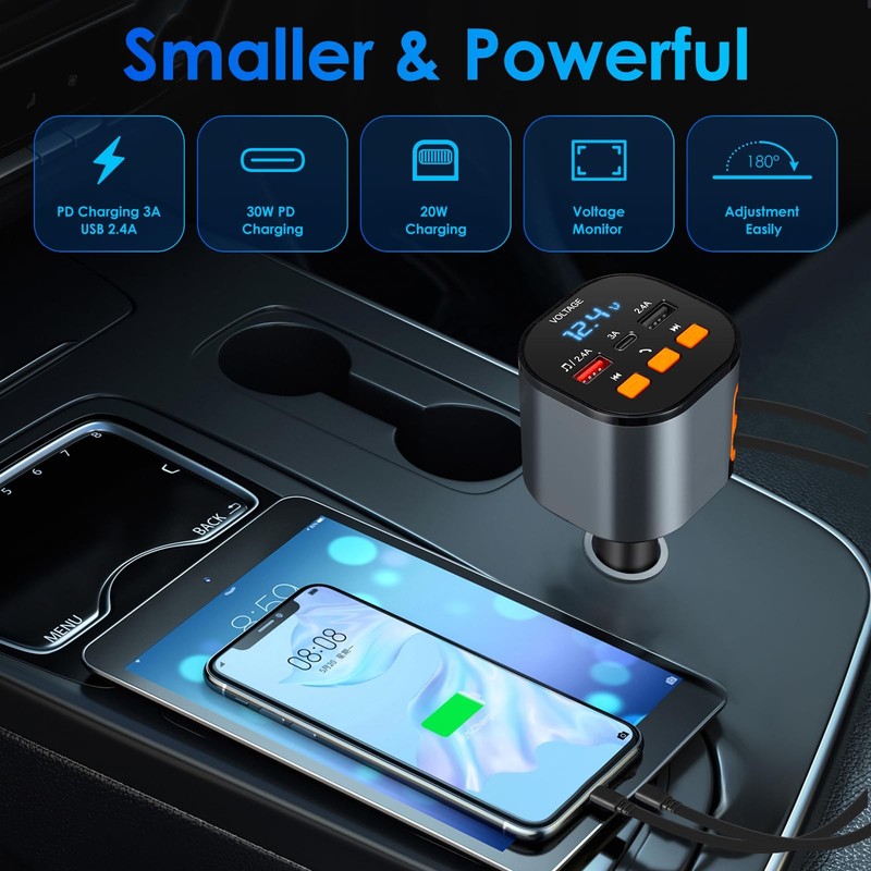 Retractable Car Charger,5 in 1 Fast Cars Phone Charger Small, Black gallery