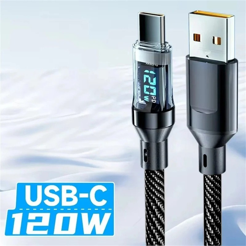 120W 5A Super Fast USB C To USB C Cable Fast Charging Cord with LED Display 2M