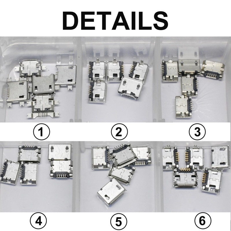 50 Pcs 10 Types Micro USB Female Connector Set, 5-Pin Micro USB Ports for Pho gallery