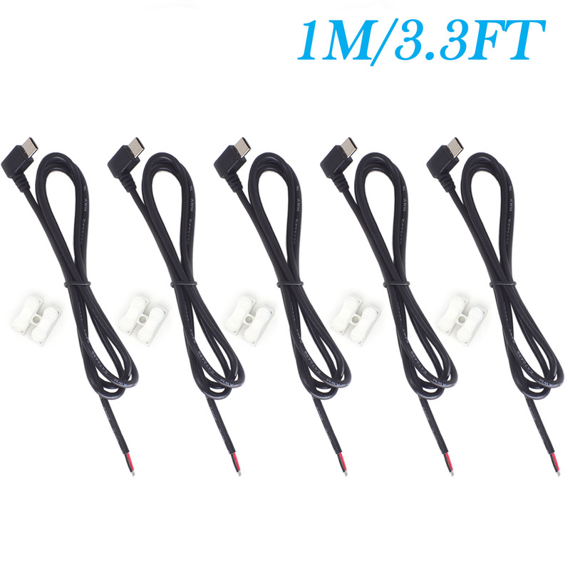 5x 1M/3.3FT 22AWG 90°USB-C Male Plug to 2 Pin Bare Wire 5V 3A DIY Repair Cable