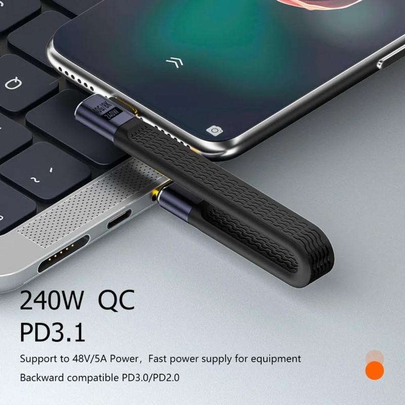 Short USB C Cable, 240W USB C to USB C 0.4FT Right Angle Cable Support Thunde gallery