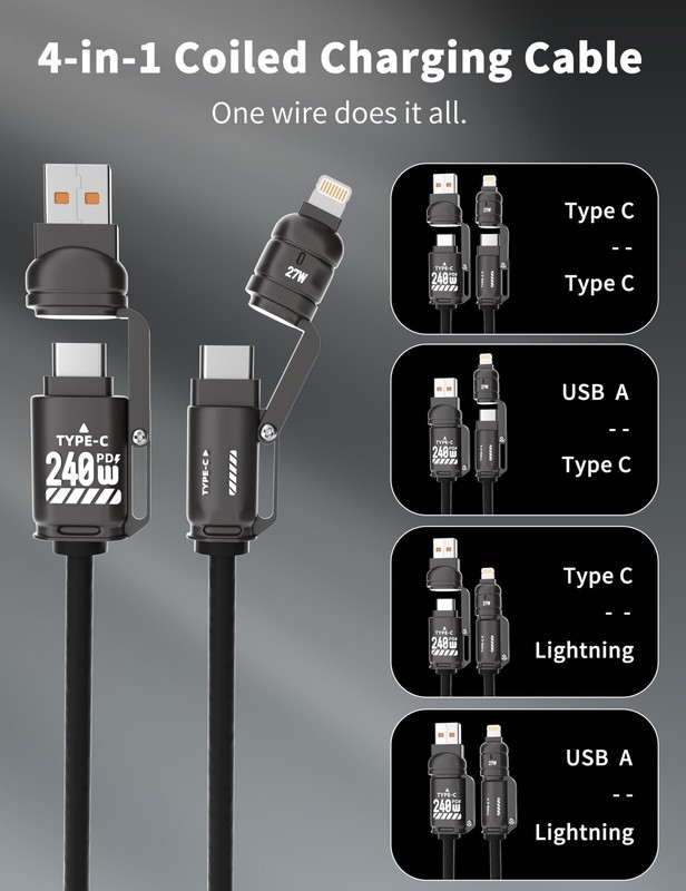 240W 4-in-1 Retractable Coiled Charging Cable[MFi Certified], Zinc Alloy Fast... gallery